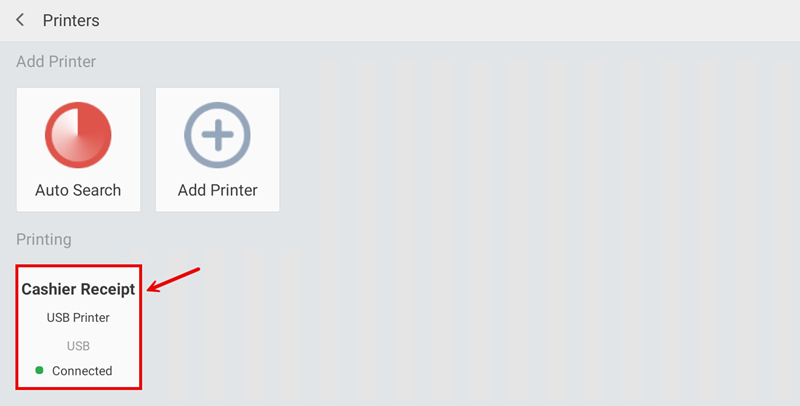Printers screen showing Cashier Receipt USB Printer with Connected status
