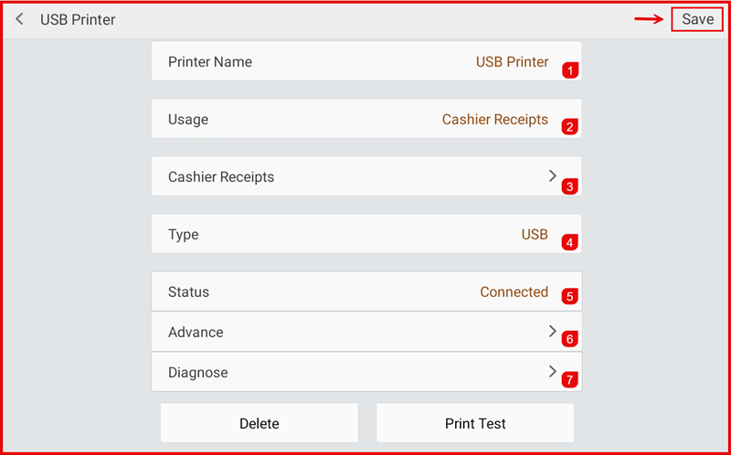 Printer detail settings screen with all options labelled