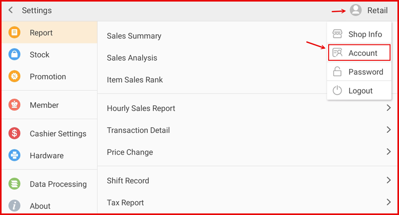 Settings screen with Admin profile dropdown showing Account option