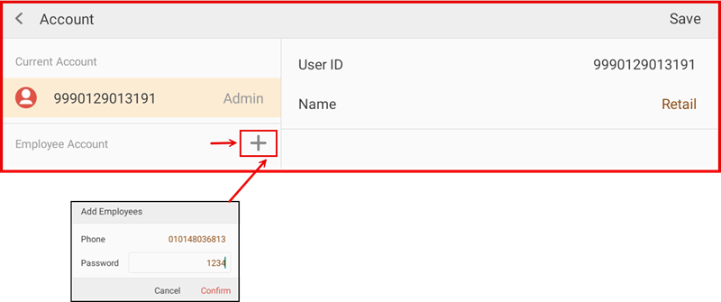 Account screen with Add Employees form showing Phone and Password fields