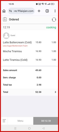Order receipt with items and total