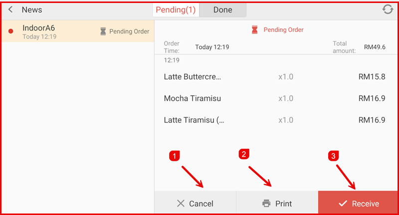 Pending orders list with Cancel, Print and Receive buttons