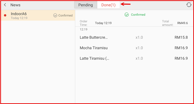 Order moved to Done tab and marked Confirmed