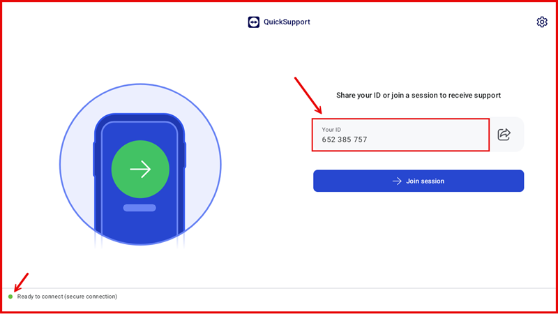 QuickSupport screen showing Your ID number and Ready to connect status