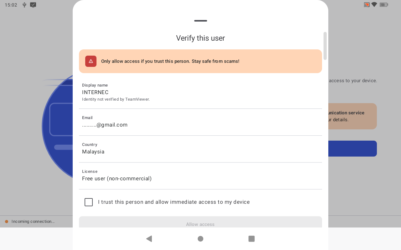 Verify this user details sheet showing INTERNEC display name, email, country and license