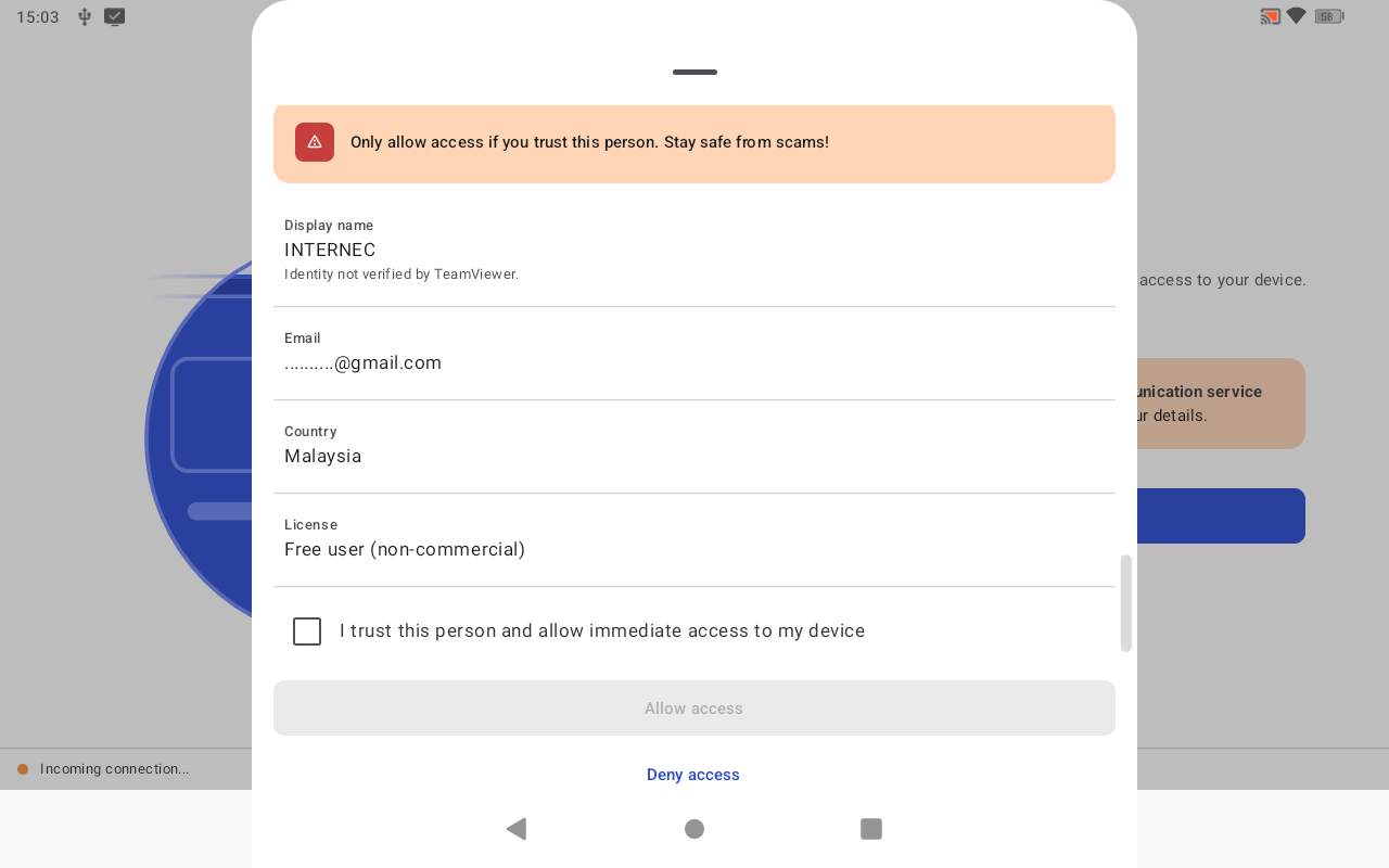 Verify this user sheet with trust checkbox ticked and Allow access button
