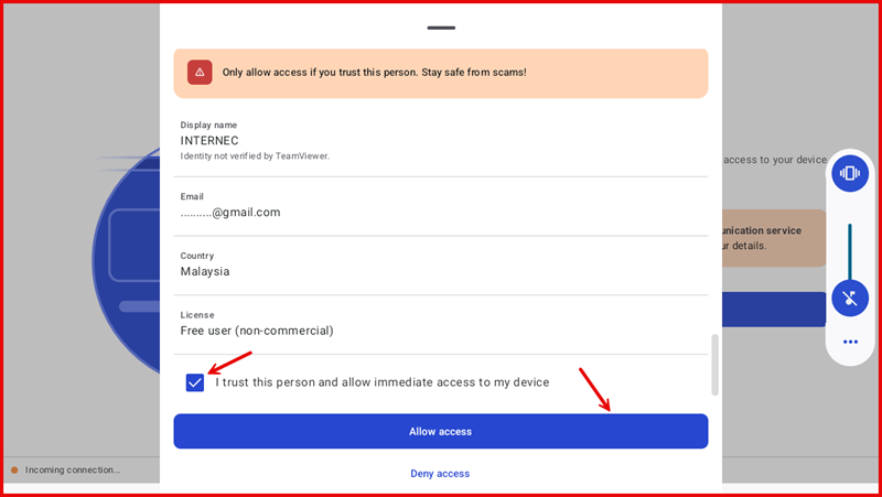 Allow access button highlighted with red arrow after trust checkbox is ticked